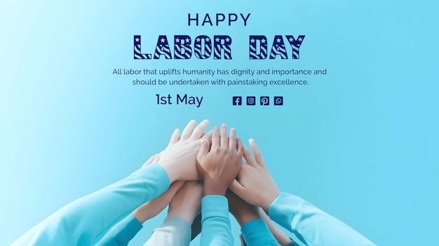 PSD labour day concept hands clasped together in unity on light blue background