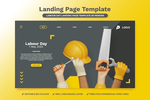 PSD labour day landing page template 3d render