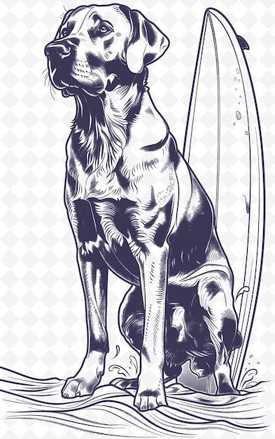 PSD labrador retriever met een surfplank die er achteruit kijkt en co dieren sketch art vector collecties