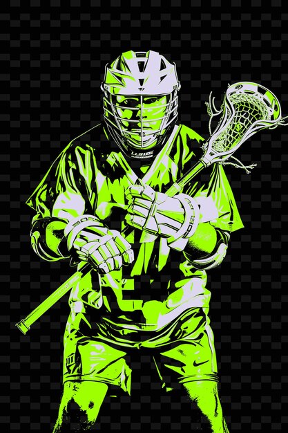 PSD giocatore di lacrosse che tiene un bastone con casco e guanti con illustrazione r flat 2d sport background