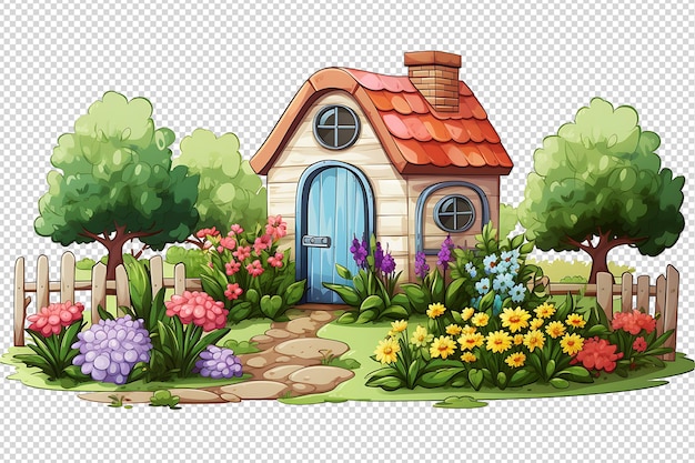 Ładny domek z ogrodem na przezroczystym tle