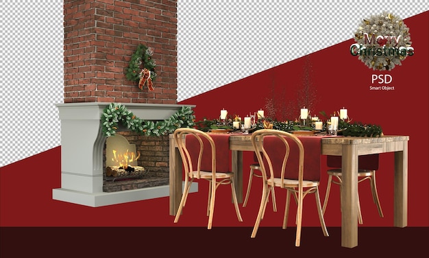 Ładny świąteczny drewniany stół i krzesła Dekoracje drzewne i rustykalne przed kominkiem