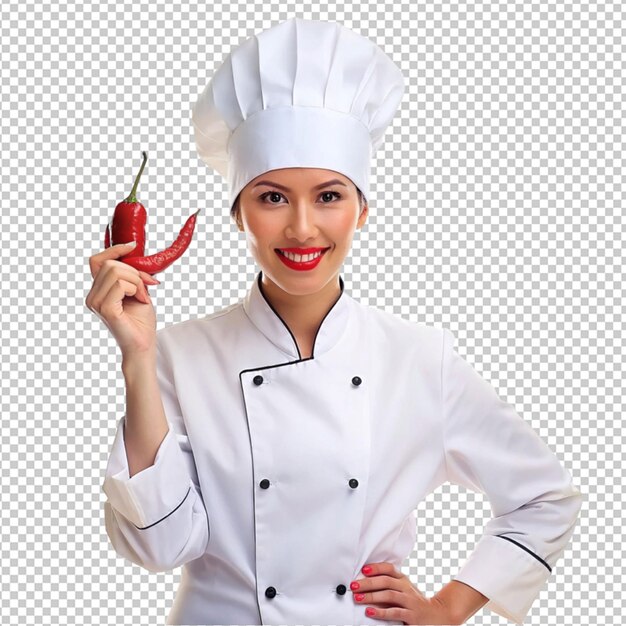 PSD lady chef holding red pepper on transparent background