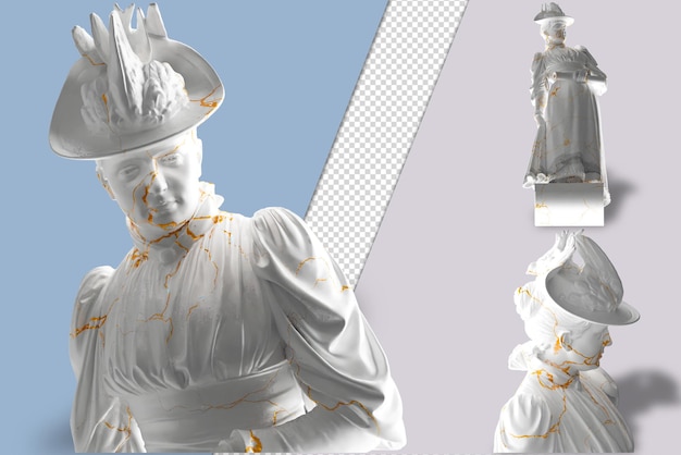 Statua di lady emilie marie rovsing in marmo bianco con dettagli in oro perfetto per copertine di album di abbigliamento