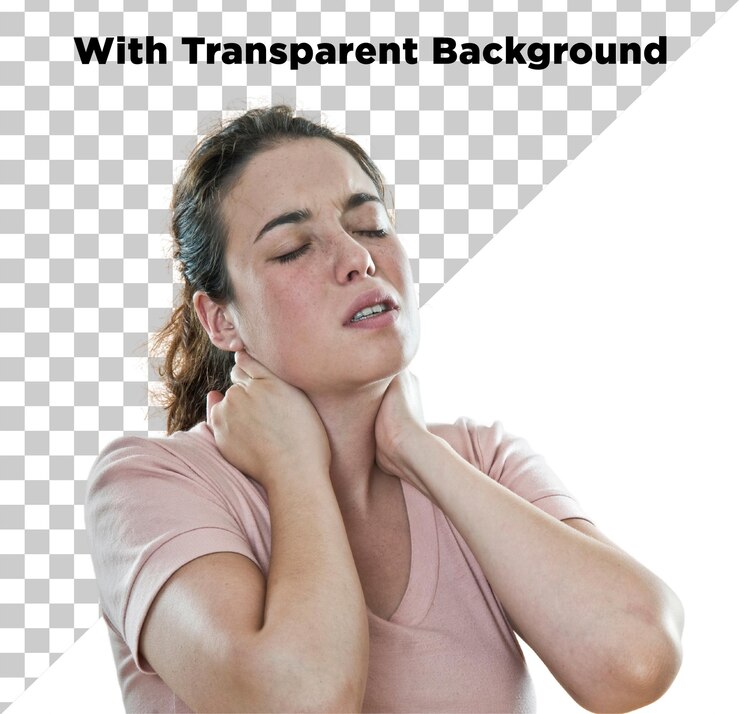 PSD lady suffering from neck pain png psd isolated on transparent background