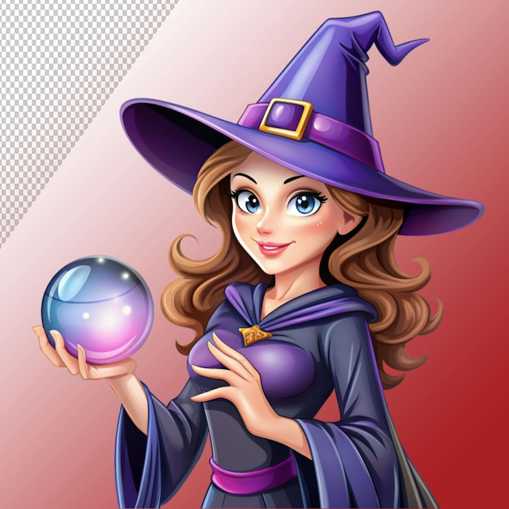 PSD 透明な背景に魔法のガラスのボールを描いた女魔女マスコット