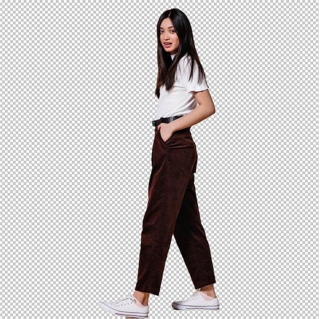 穿著棕色褲子,長髮的女士在白色牆上摆姿勢