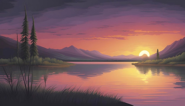 Lake and mountain landscape illustration