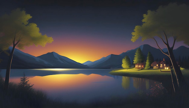 PSD lake and mountain landscape illustration