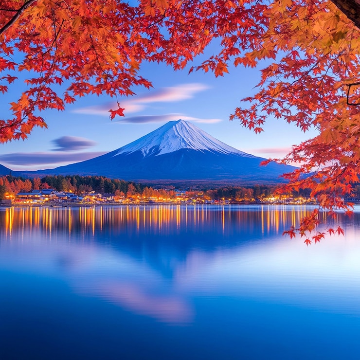 PSD 背景に山があり太陽が輝く木がある湖