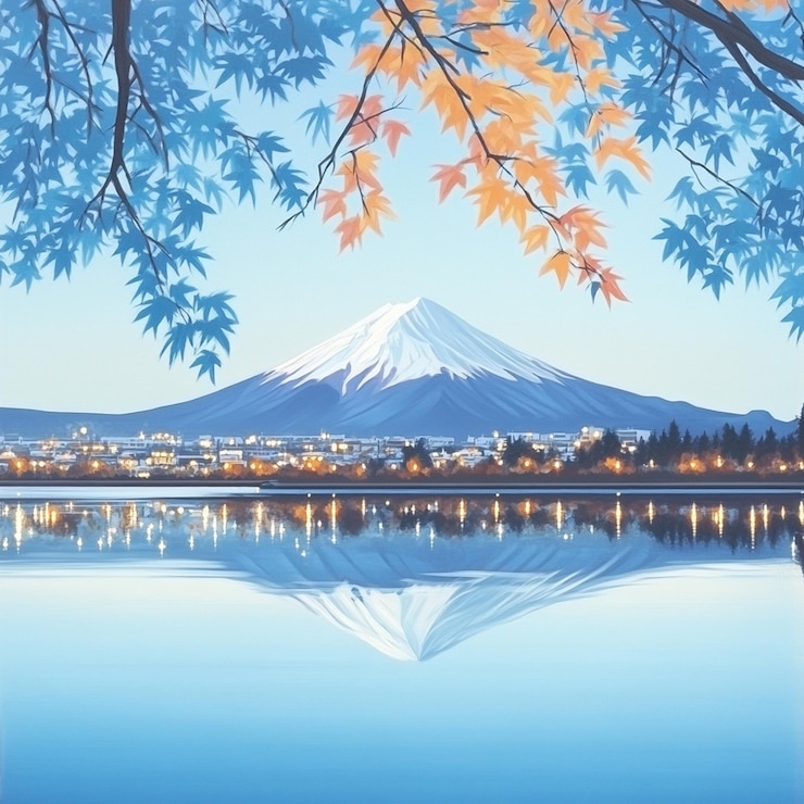 PSD 背景に山があり太陽が輝く木がある湖