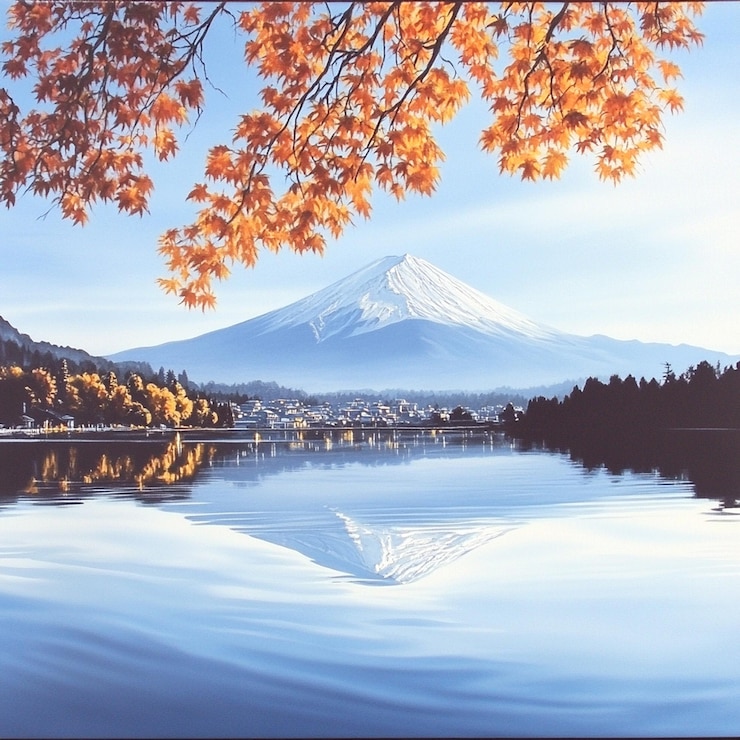 PSD 背景に山があり太陽が輝く木がある湖