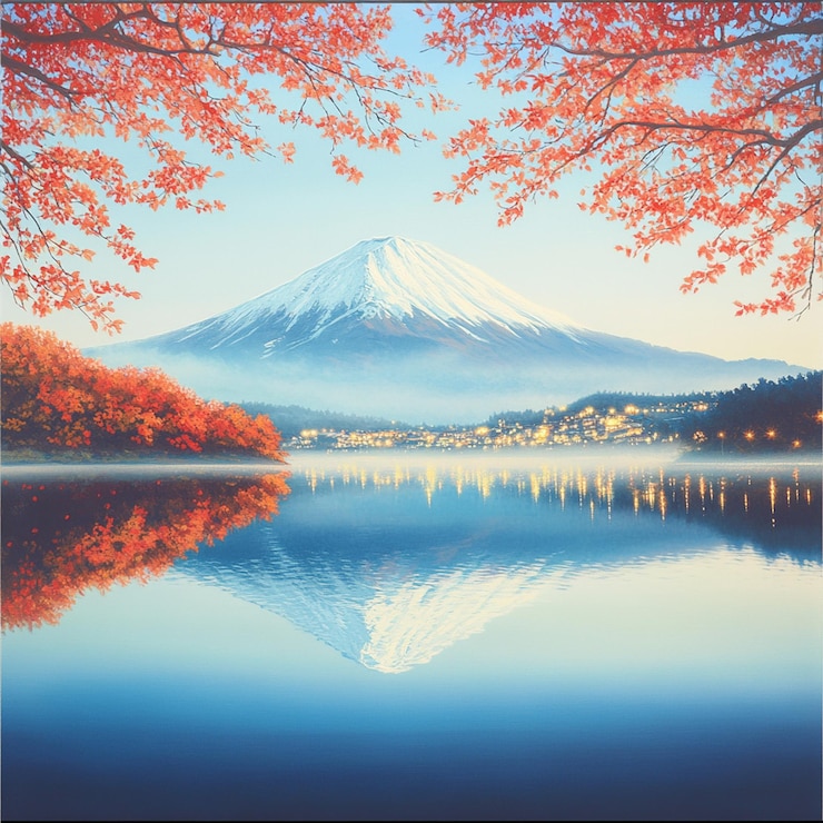 PSD 背景に山があり太陽が輝く木がある湖