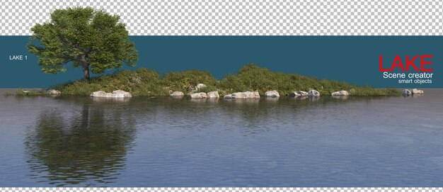 PSD lake with rocky hills and grassy hills