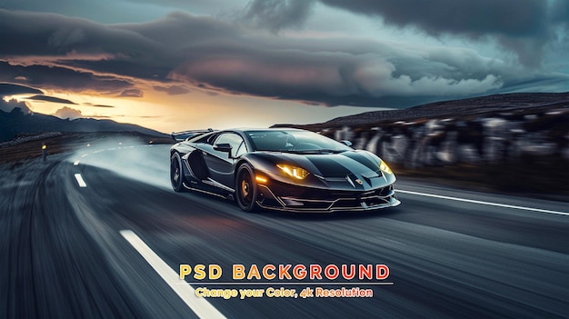 PSD ランボルギニの豪華スーパーカー プレミアム照明の背景で高速スポーツ