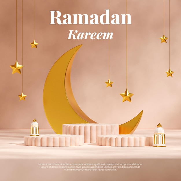 lamp, moon, and stars ramadan kareem, 3d render image empty mockup light pink podium in square