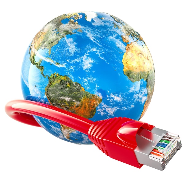 lan cable with earth globe global internet connection concept 3d rendering isolated on transparent background
