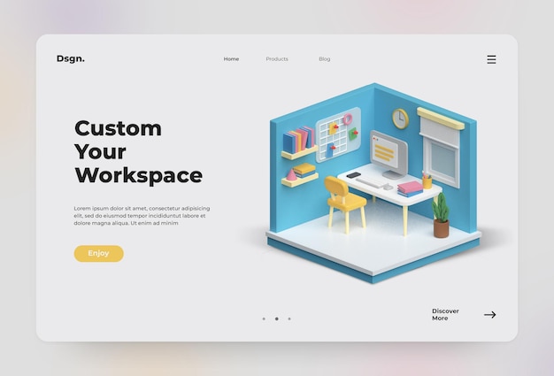 PSD landing page design with 3d isometric room