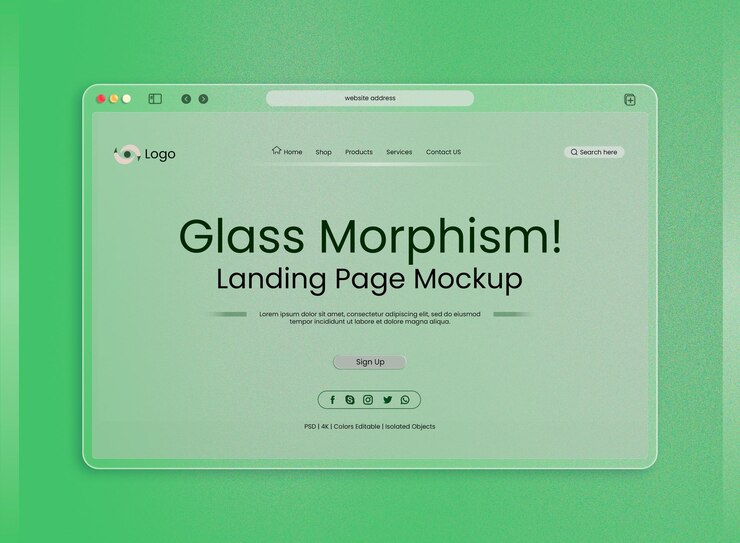 PSD landing page interface light green color presentation mockup with glass morphism effect