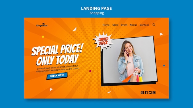 PSD landing page for shopping with woman holding shopping bags