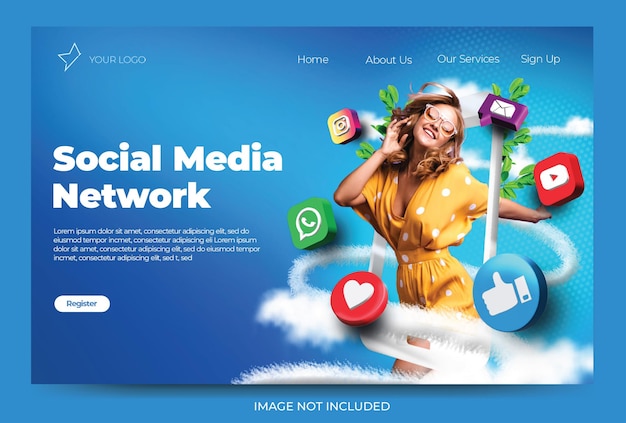 PSD landing page social media marketing post feed with 3d icons