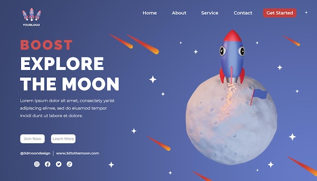 PSD landing page template 3d design with moon, rocket, meteor