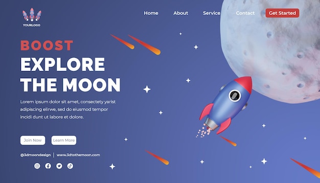 PSD modello di pagina di destinazione 3d design con luna, razzo, meteora
