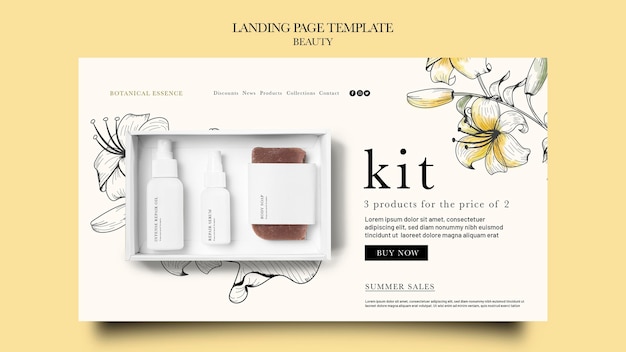 Landing page template for beauty products with hand drawn flowers