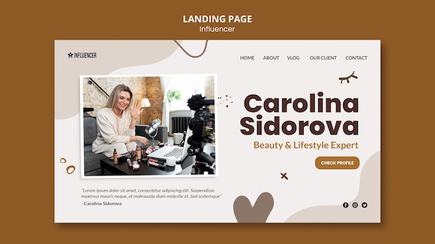 Landing page template for beauty vlogger with young woman