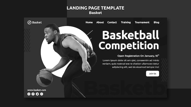 PSD landing page template in black and white with male basketball athlete