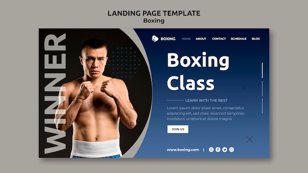 Modello di pagina di destinazione per lo sport di boxe con boxer maschio