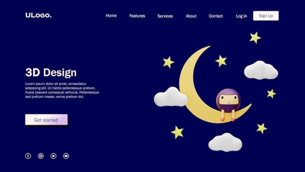 月と3dデザインのかわいい丸い形のキャラクターとランディングページテンプレートのコンセプト