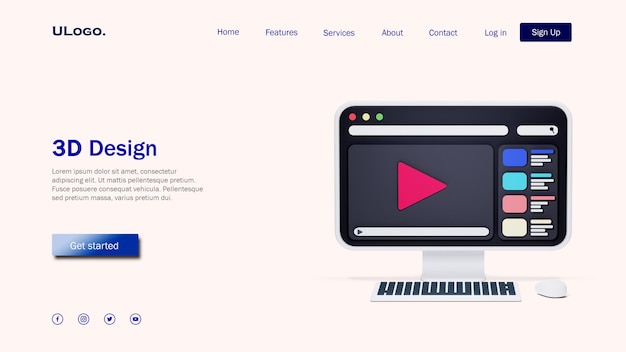 3d 디자인의 컴퓨터 바탕 화면이 있는 방문 페이지 템플릿 개념