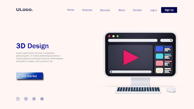 PSD landing page template concept with computer desktop in 3d design