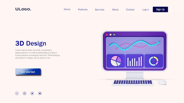 PSD landing page template concept with computer desktop in 3d design