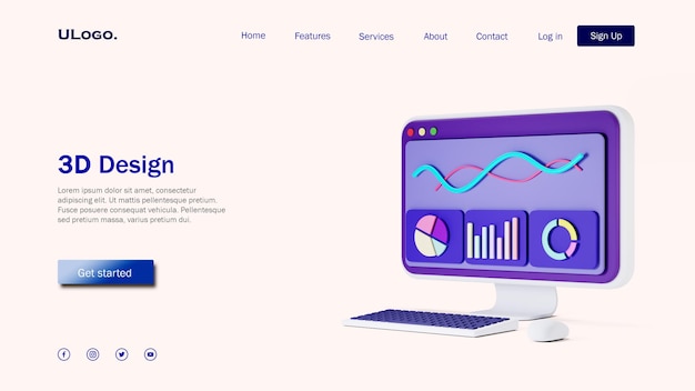 PSD landing page template concept with computer desktop in 3d design