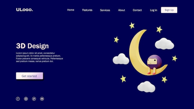 PSD landing page template concept with a moon and cute round shape characters in 3d design