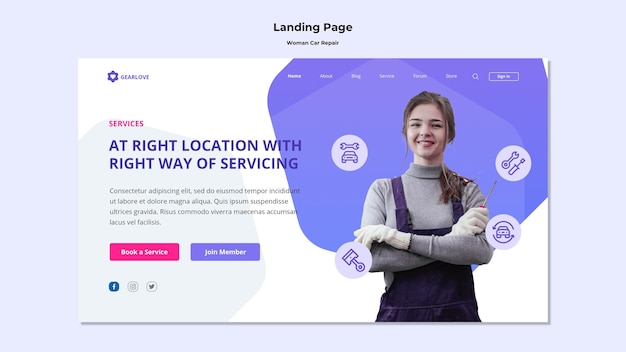 PSD landing page template for female auto mechanic