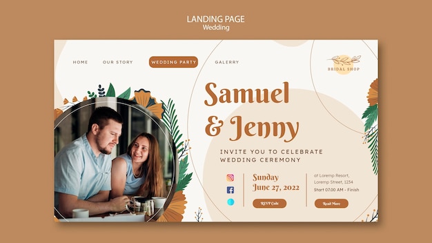 PSD landing page template for floral wedding with leaves and couple