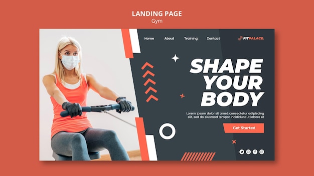 PSD landing page template for gym workout with woman wearing medical mask