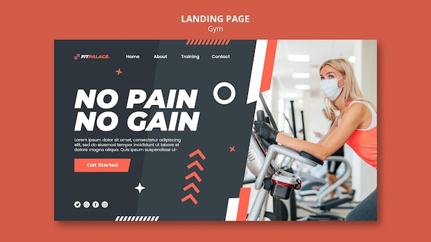 PSD landing page template for gym workout with woman wearing medical mask