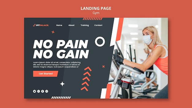 landing page template for gym workout with woman wearing medical mask