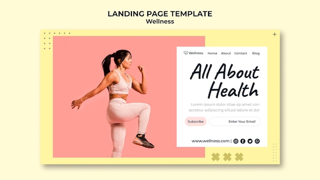 Landing page template for health and wellbeing with woman doing fitness