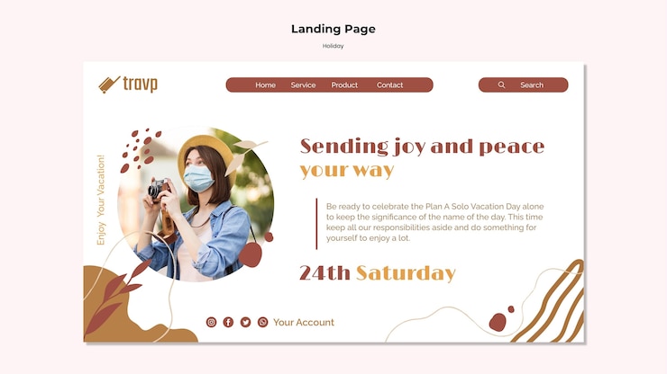PSD 의료 마스크를 쓴 사람과 함께 휴가 여행을 위한 방문 페이지 템플릿