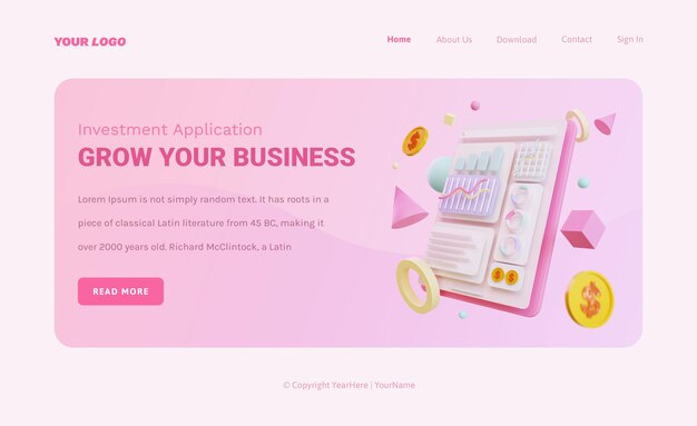 Landing page template of marketing statistics with 3d charts