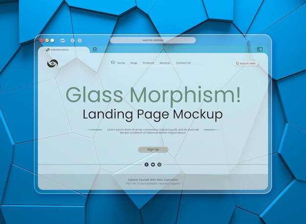 PSD landing page template met glasmorfisme licht interface presentatie op geometrische 3d achtergrond