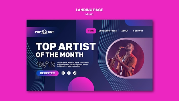 PSD landing page template for music with male jazz player and saxophone