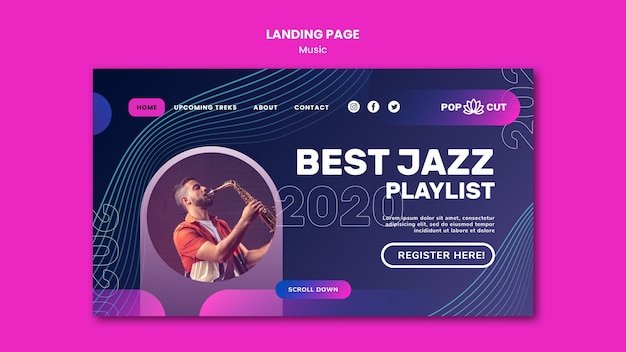 PSD landing page template for music with male jazz player and saxophone