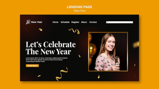 PSD landing page template for new year party with woman and confetti