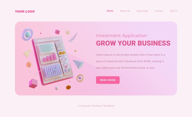 Landing page template of Marketing statistics with 3d charts